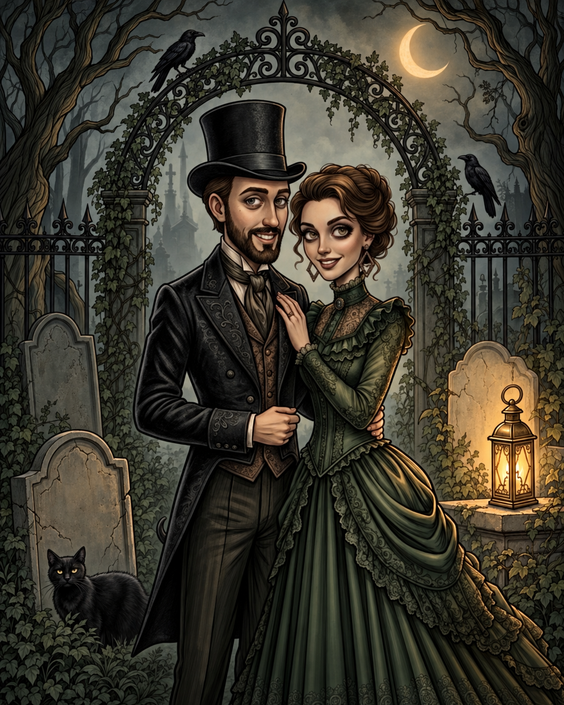 An illustrated couple in Victorian clothing beneath a wrought-iron cemetery gate, with moonlight, a black cat and a glowing lantern.